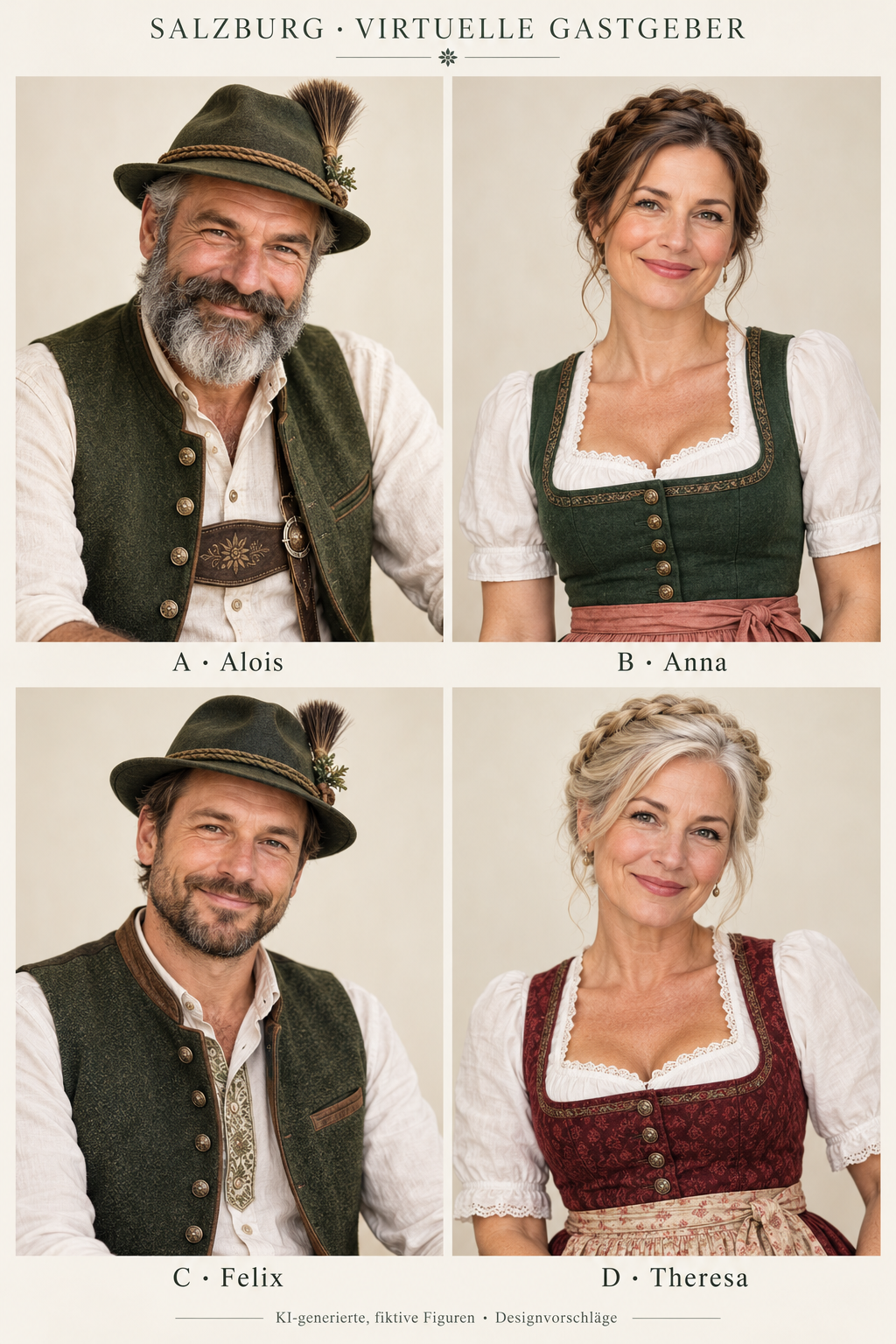 Four AI-generated fictional host concepts in Austrian-inspired traditional clothing: Alois, Anna, Felix and Theresa